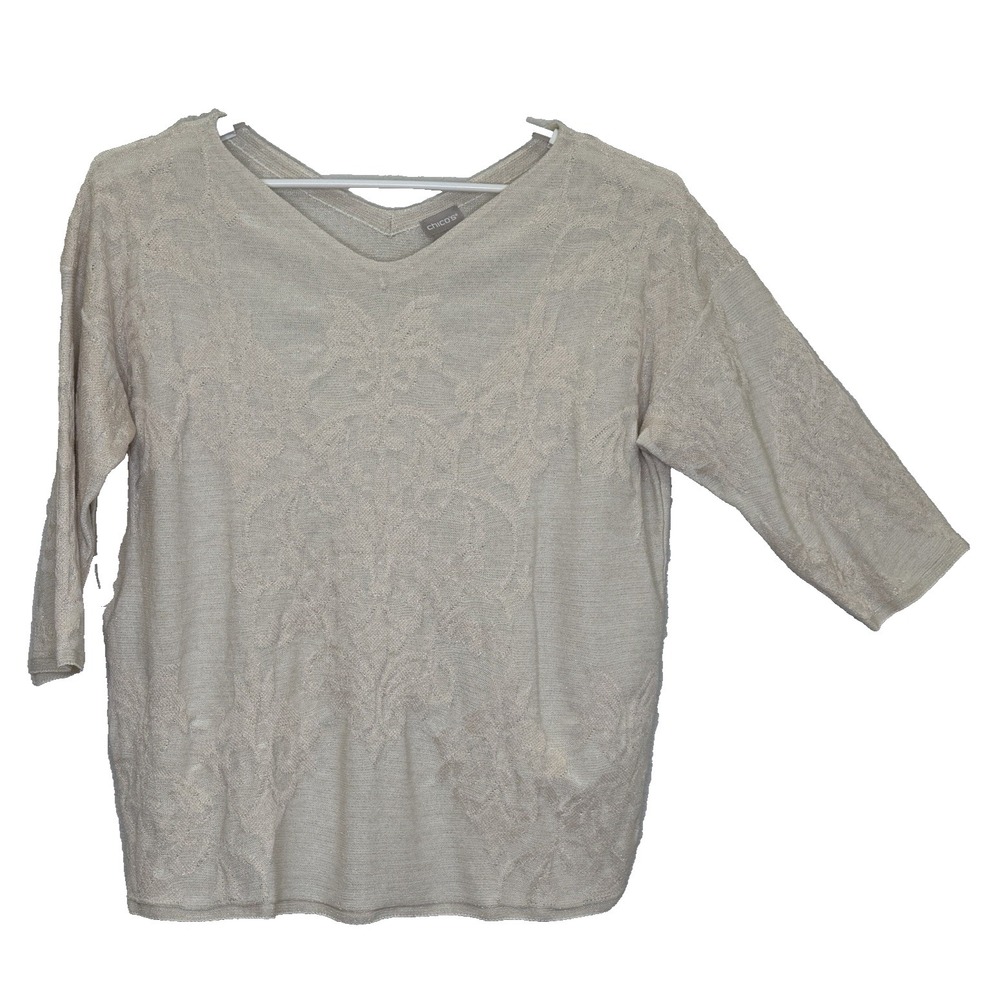 Chico's Pullover Sweater Sz 2 Large Off White Metallic Damask V-Neck 3/4 Sleeve